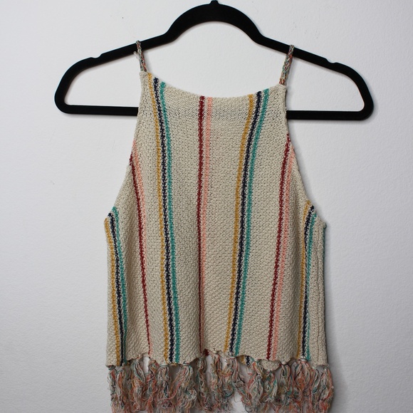 COCO & Jaimeson Beige Colorfull Stripped Fringe Open Weave Neck Knit Tan… - Picture 5 of 5